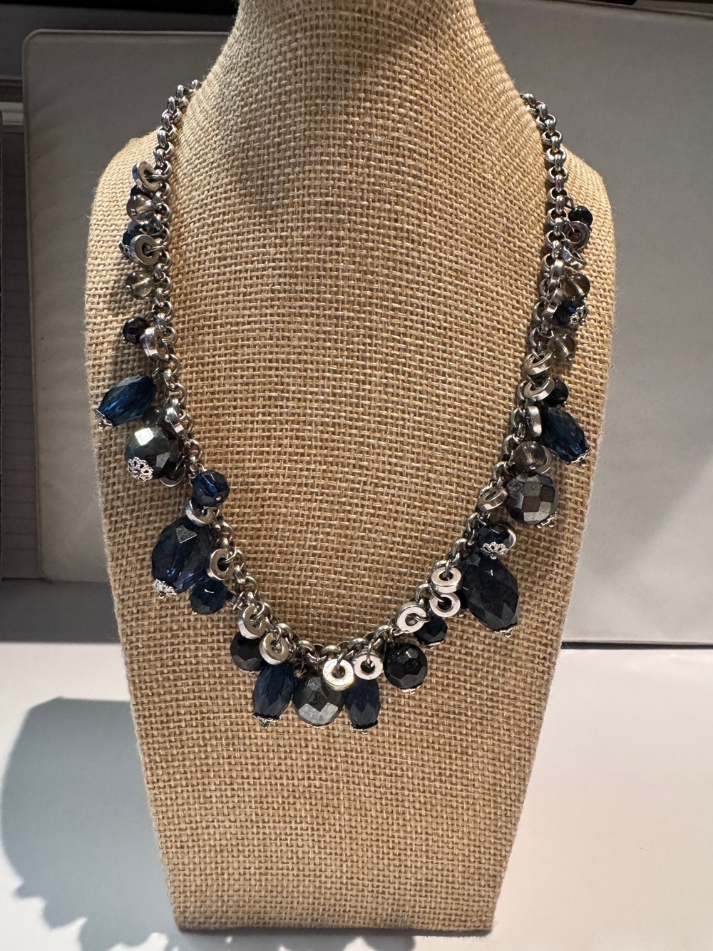 Silver Chain Necklace with Dark Blue Gem Accents